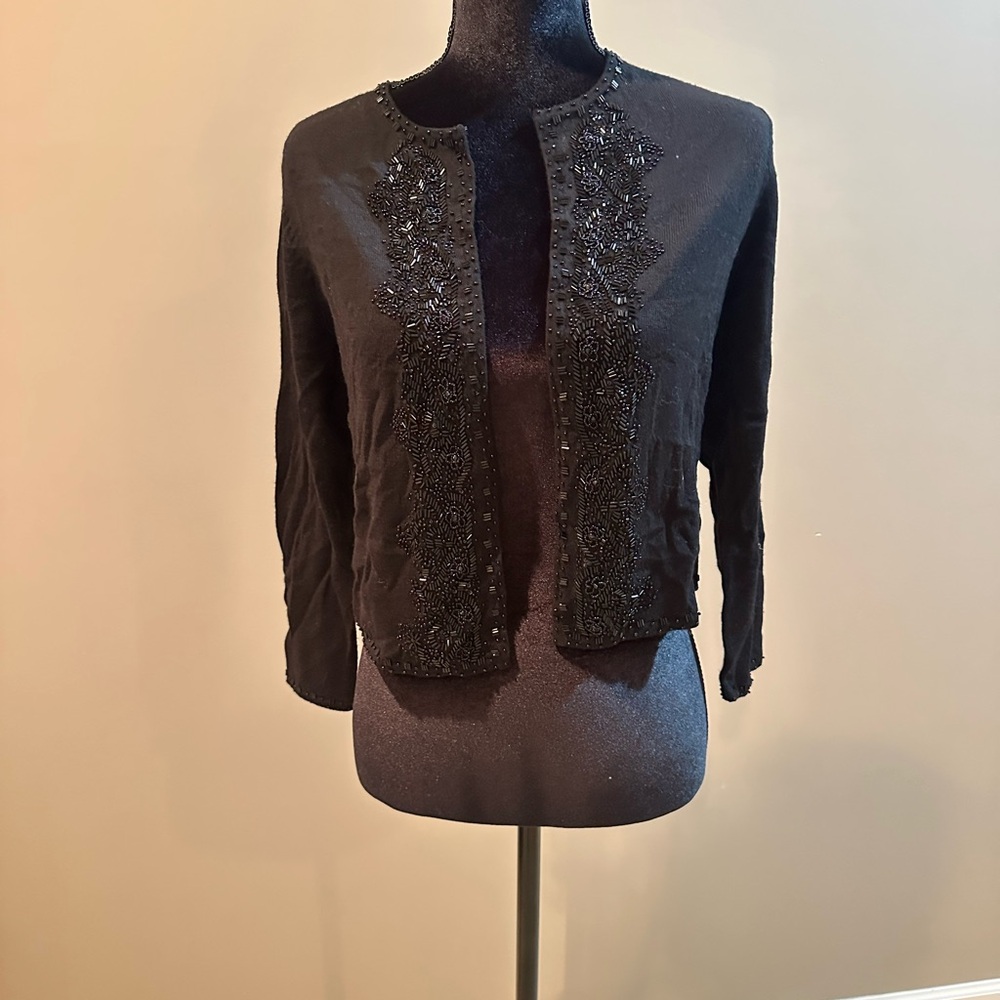 Brooks Brothers Black Button-Up Merino Cardigan with Beaded Detailing NWT Size S